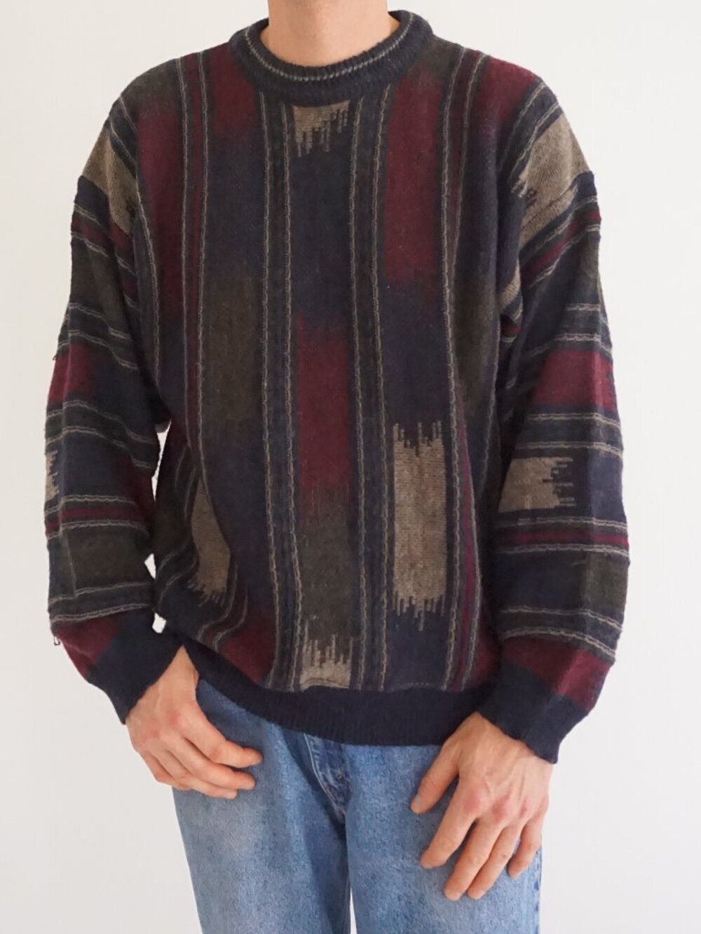 Grafico Italia Navy Burgundy Abstract Stripe Knit Wool Sweater Made In Italy L